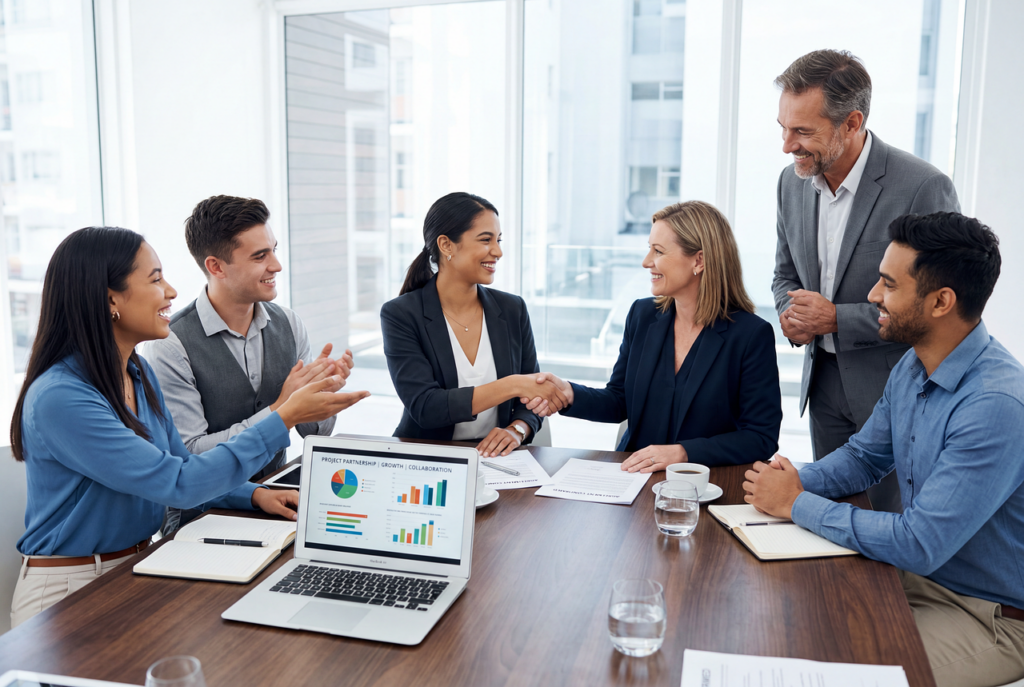 Two professionals shaking hands across a desk during a small business negotiation meeting