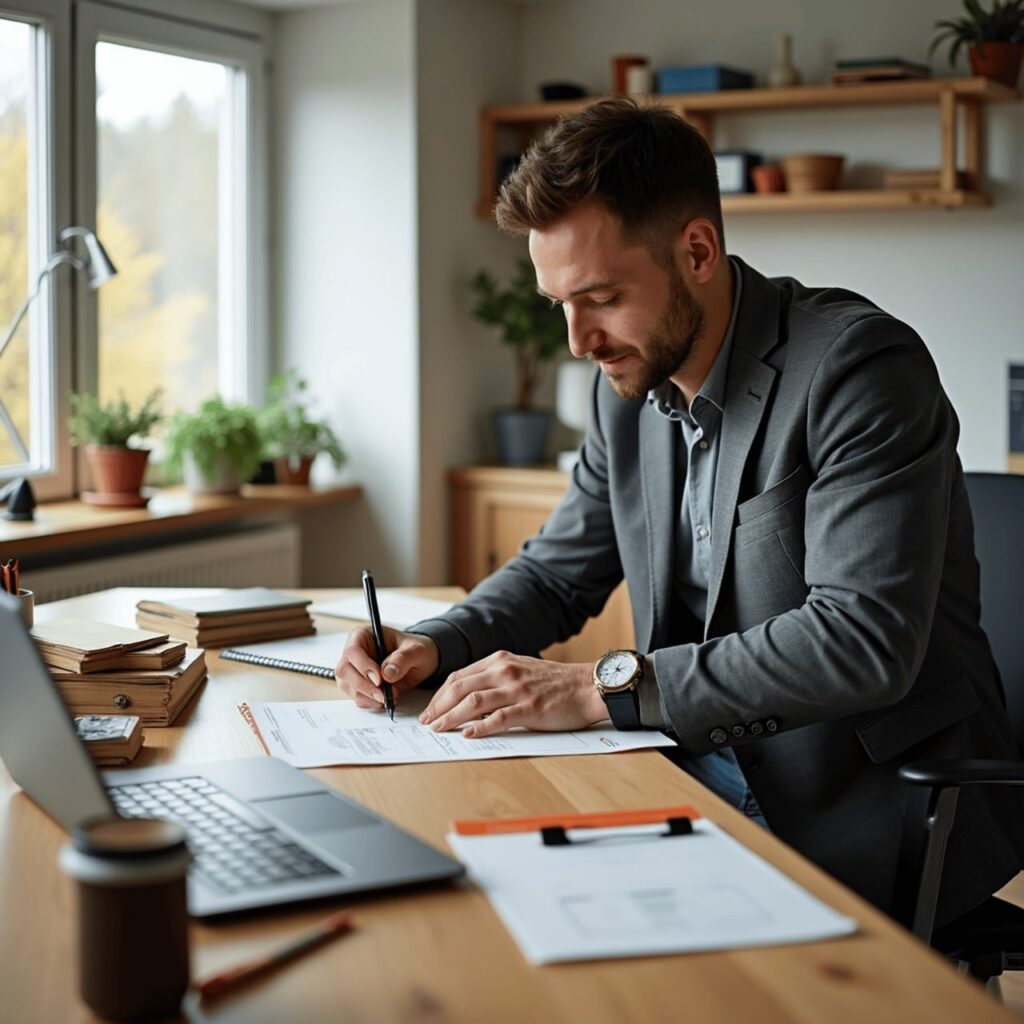 Small manufacturing business owner reviewing MCA debt finances in a workshop office