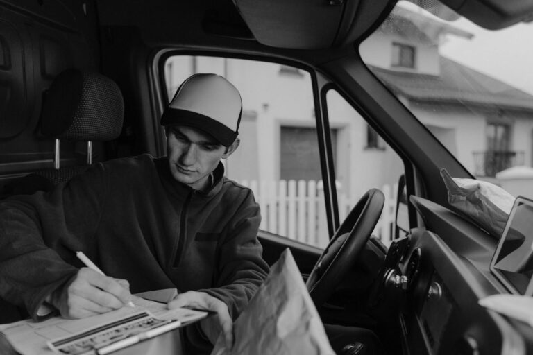 Trucking owner-operator reviewing MCA debt documents at office desk