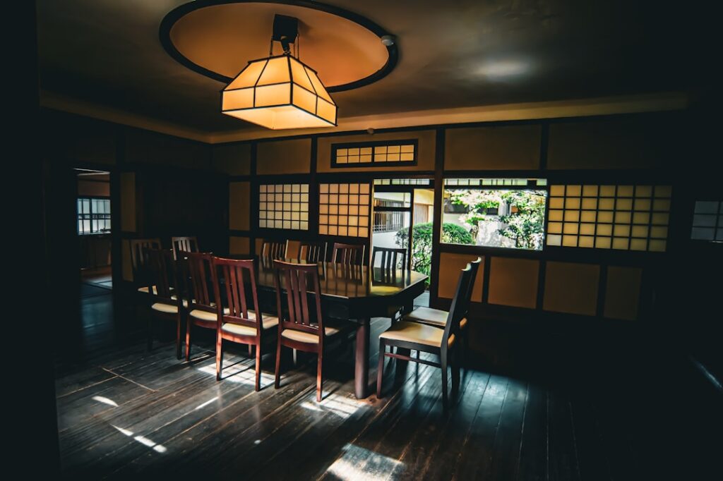Empty restaurant during summer slow season with afternoon light