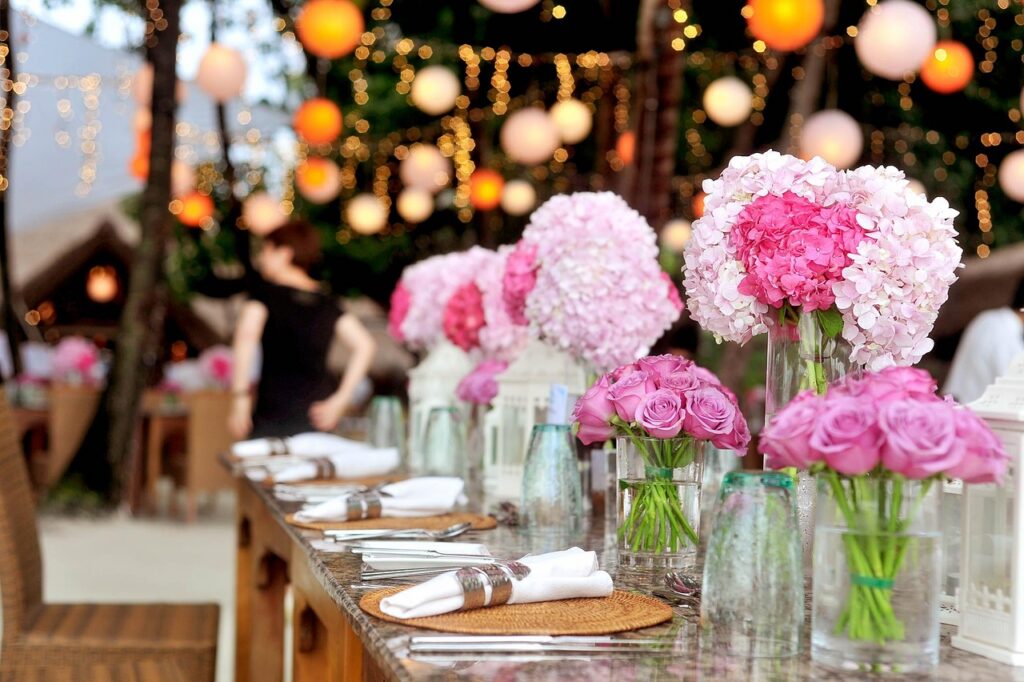 Wedding reception in progress at an event venue