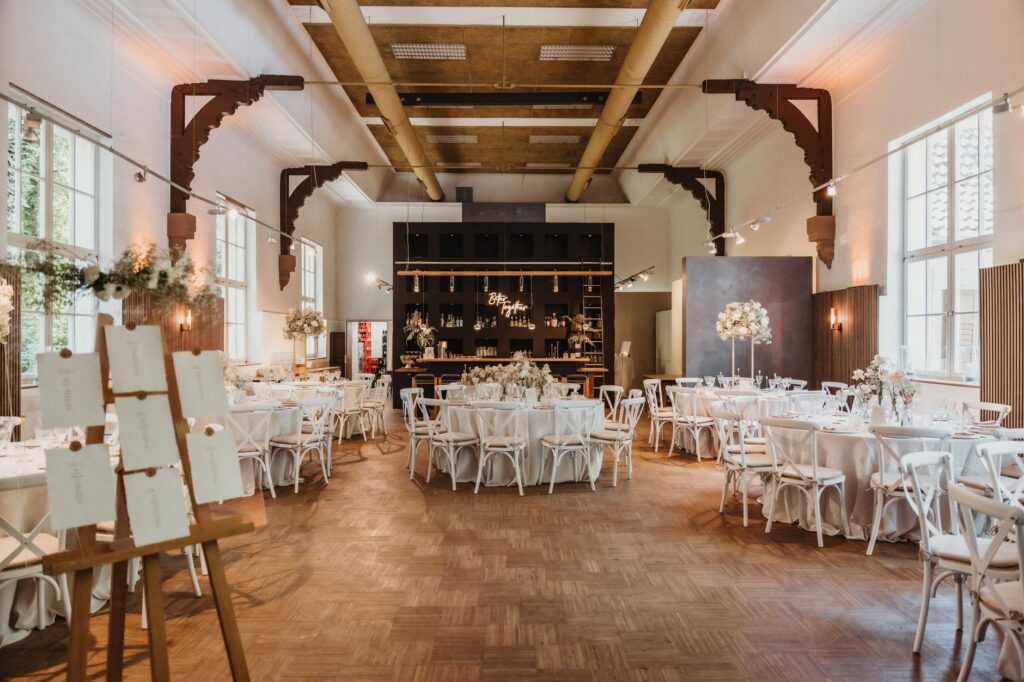 Elegant wedding venue set up and decorated for an event