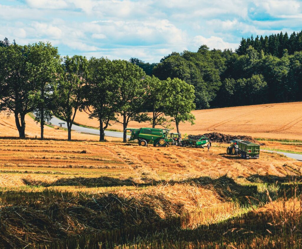 Wheat field ready for harvest with farm equipment nearby