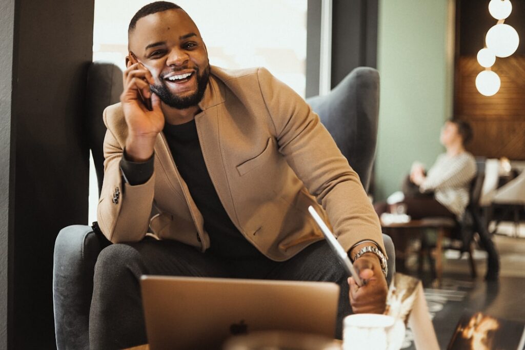 Small business owner on a phone call discussing next steps