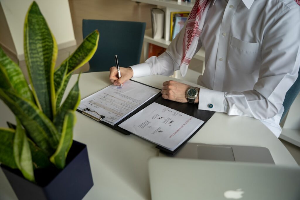 Business owner reviewing lien and financing contract documents