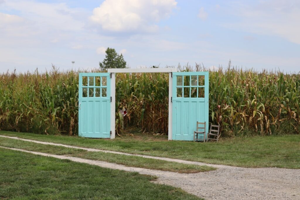Seasonal farm workers setting up signage for a corn maze before opening day