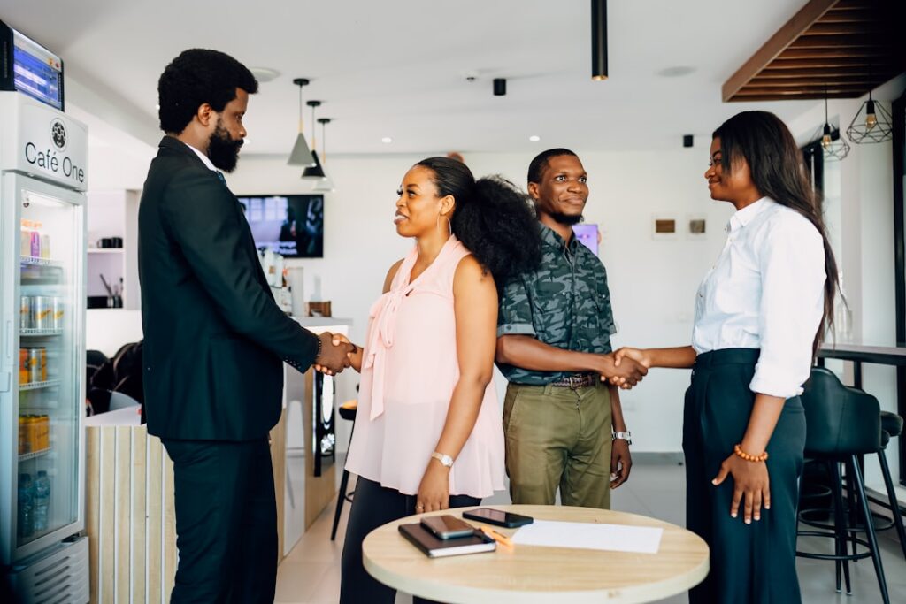 Small business owner in a productive meeting discussing next steps