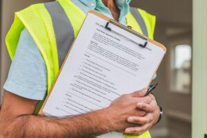 General contractor reviewing an invoice and payment schedule at a construction site