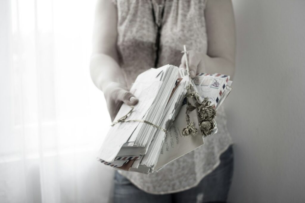 Small business owner reviewing a stack of financing contracts