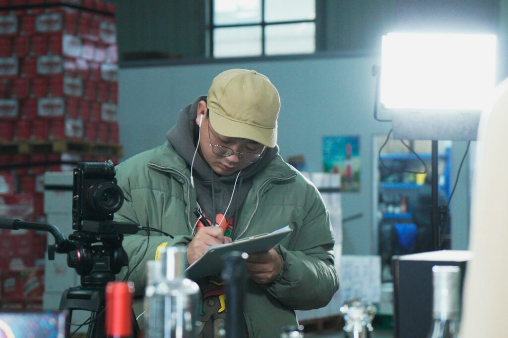 Contractor reviewing financing options in a warehouse