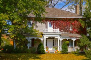 Small country inn exterior in autumn