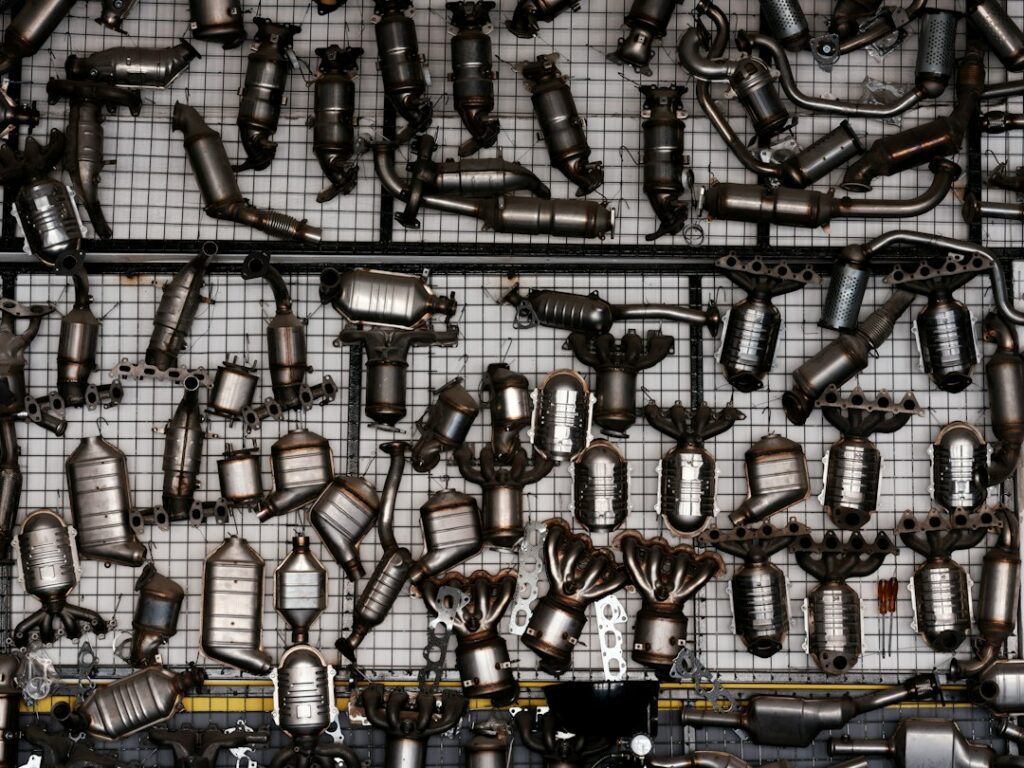 Shelves of appliance replacement parts in a repair shop